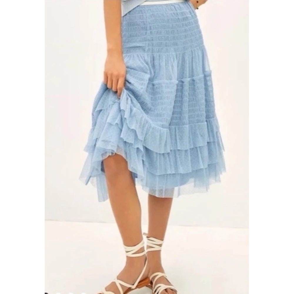 Maeve‎ Tulle Ruffed Midi Skirt Light Blue & White by Anthropologie XS